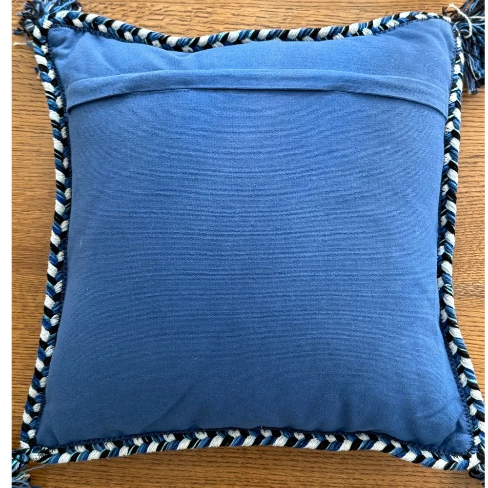 Surya Boho Blue Woven Cotton Tassel Throw Pillow w insert Accent 18x18 India New
